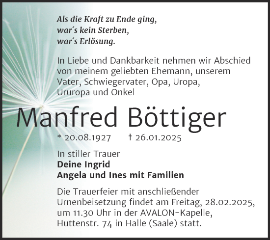 Traueranzeige von Manfred Böttiger von Mitteldeutsche Zeitung Halle/Saalkreis
