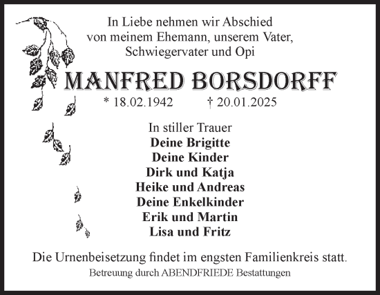 Traueranzeige von Manfred Borsdorff von Volksstimme Magdeburg
