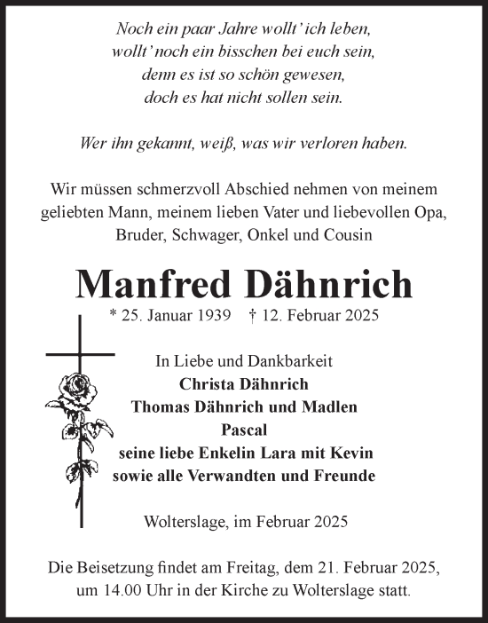 Traueranzeige von Manfred Dähnrich von Volksstimme Altmark Ost