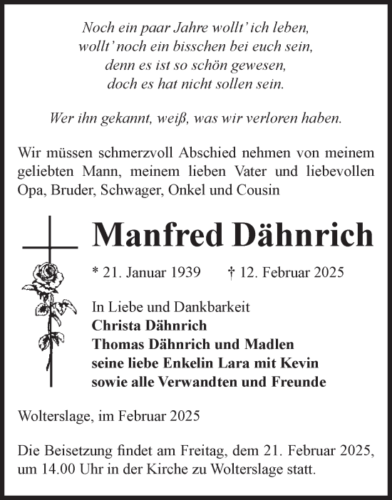 Traueranzeige von Manfred Dähnrich von Volksstimme Altmark Ost