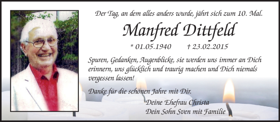 Traueranzeige von Manfred Dittfeld von Trauerkombi Wittenberg