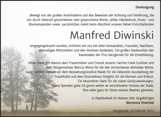 Traueranzeige von Manfred Diwinski von Trauerkombi Quedlinburg
