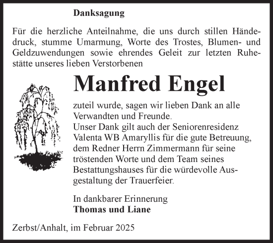 Traueranzeige von Manfred Engel von Volksstimme Zerbst