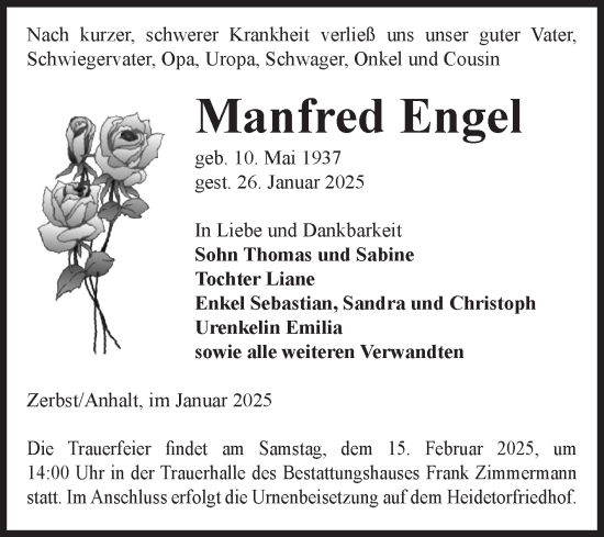 Traueranzeige von Manfred Engel von Volksstimme Zerbst
