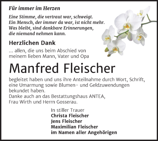 Traueranzeige von Manfred Fleischer von Trauerkombi Weißenfels