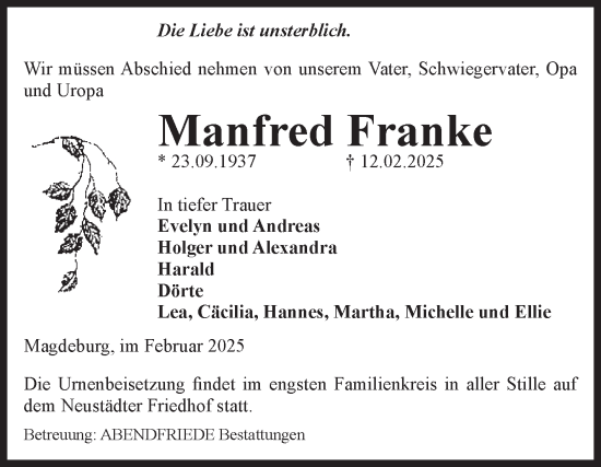 Traueranzeige von Manfred Franke von Volksstimme Magdeburg