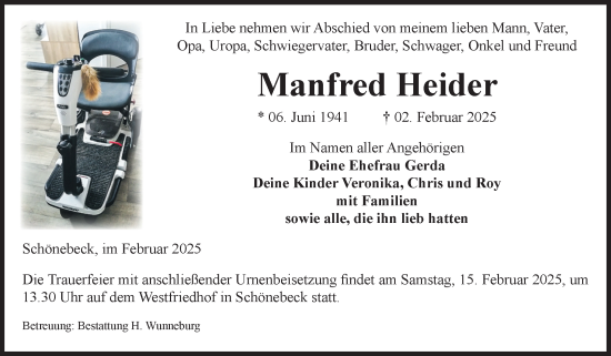 Traueranzeige von Manfred Heider von Volksstimme Schönebeck