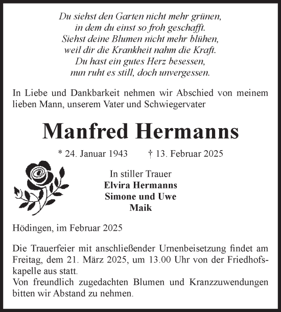 Traueranzeige von Manfred Hermanns von Volksstimme Haldensleben/Wolmirstedt