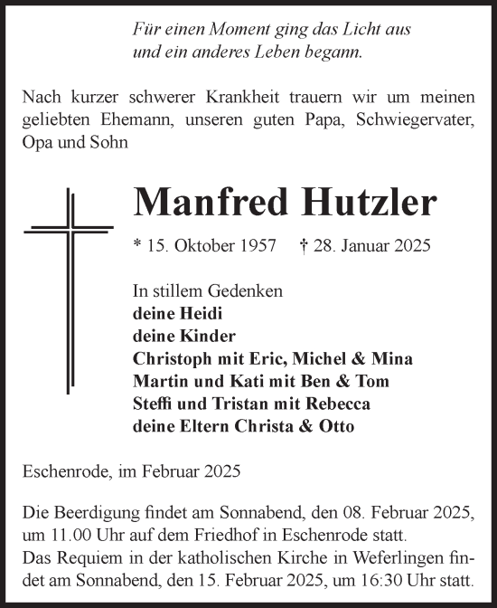 Traueranzeige von Manfred Hutzler von Volksstimme Haldensleben/Wolmirstedt
