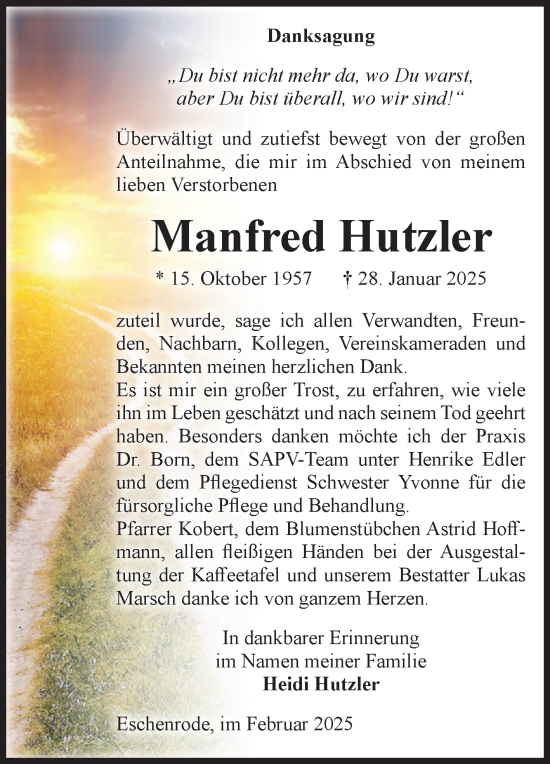 Traueranzeige von Manfred Hutzler von Volksstimme Haldensleben/Wolmirstedt