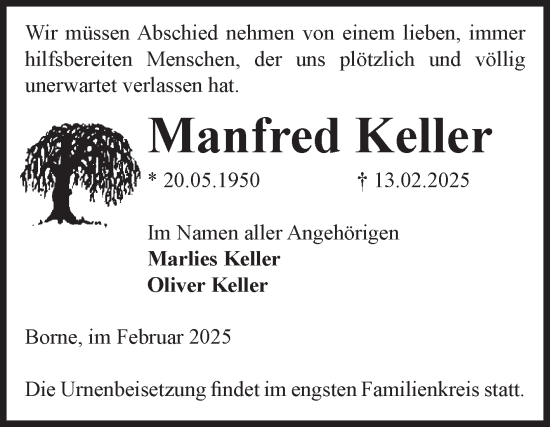 Traueranzeige von Manfred Keller von Volksstimme Staßfurt