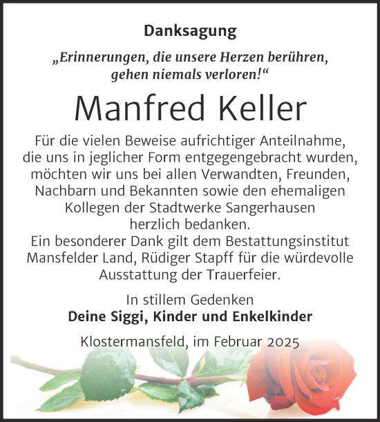 Traueranzeige von Manfred Keller von Trauerkombi Mansfelder Land