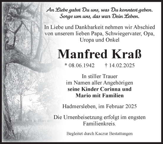 Traueranzeige von Manfred Kraß von Volksstimme Oschersleben/Wanzleben