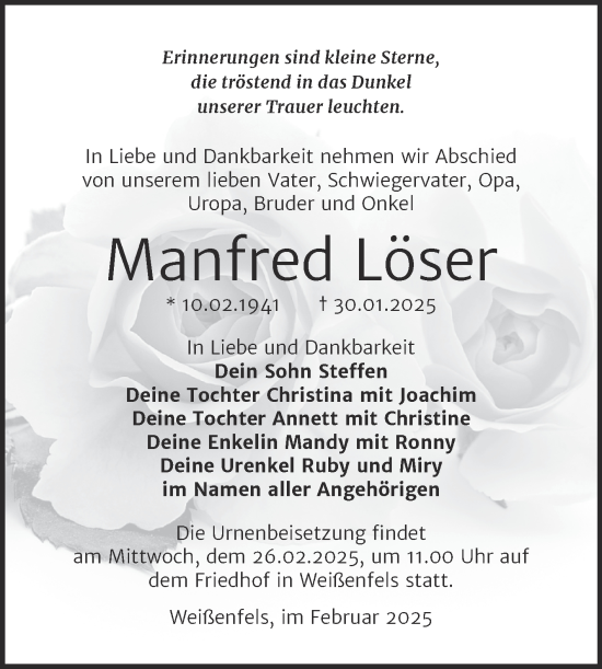 Traueranzeige von Manfred Löser von Trauerkombi Weißenfels