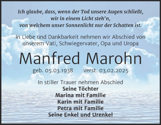Traueranzeige von Manfred Marohn von Trauerkombi Zeitz