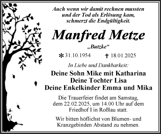 Traueranzeige von Manfred Metze von Trauerkombi Dessau