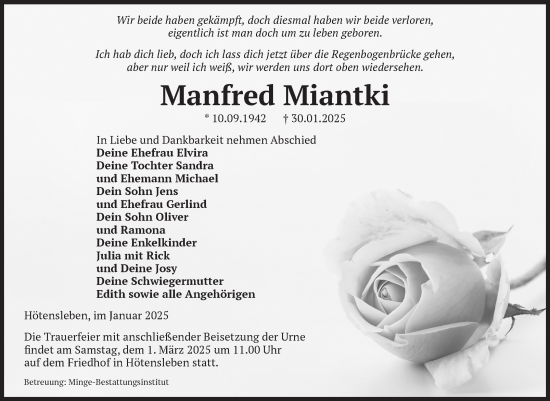 Traueranzeige von Manfred Miantki von Volksstimme Oschersleben/Wanzleben