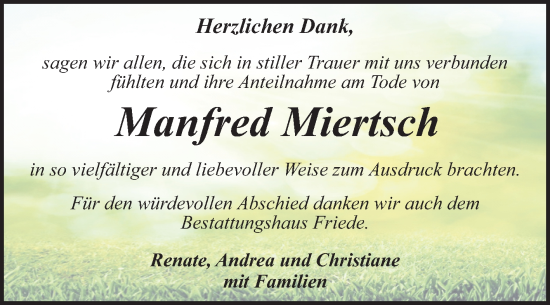 Traueranzeige von Manfred Miertsch von Trauerkombi Wittenberg