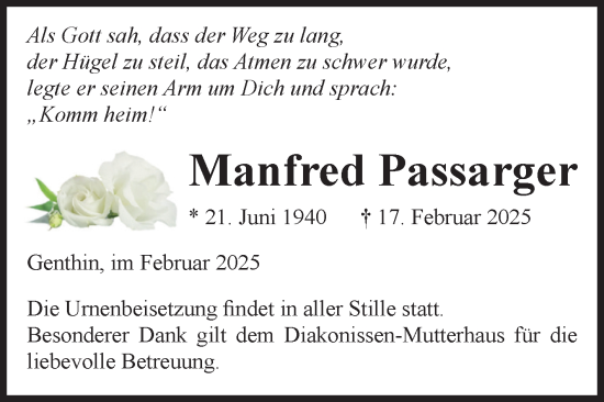 Traueranzeige von Manfred Passarger von Volksstimme Burg/Genthin