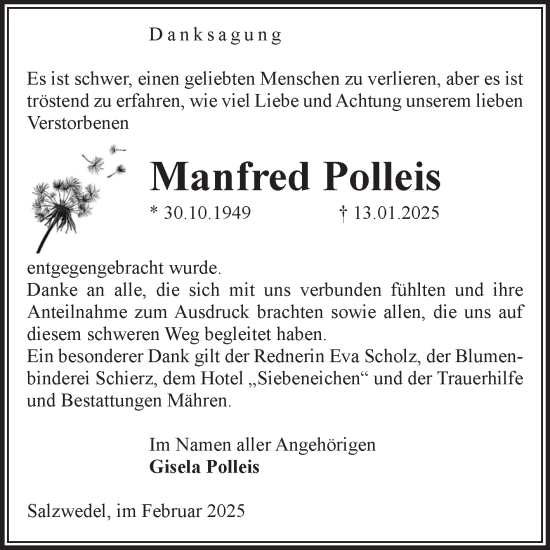 Traueranzeige von Manfred Polleis von Volksstimme Altmark West
