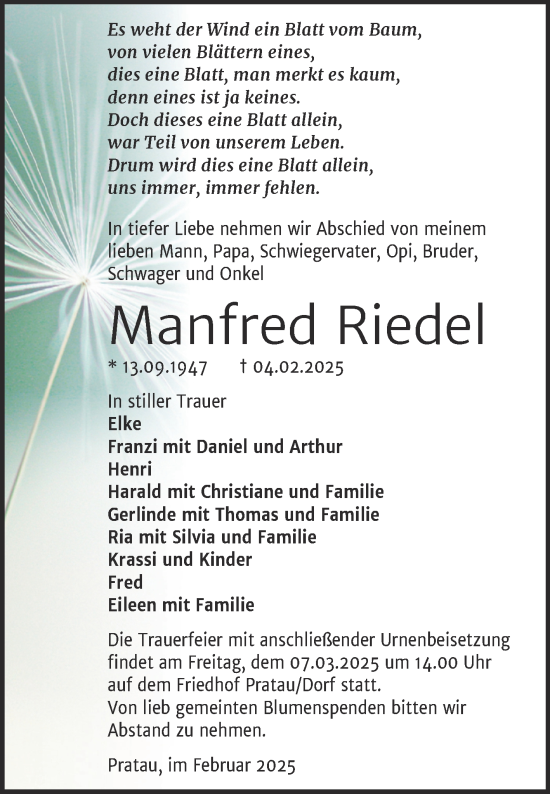 Traueranzeige von Manfred Riedel von Trauerkombi Wittenberg
