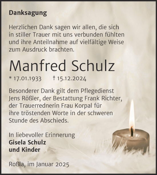 Traueranzeige von Manfred Schulz von Trauerkombi Sangerhausen
