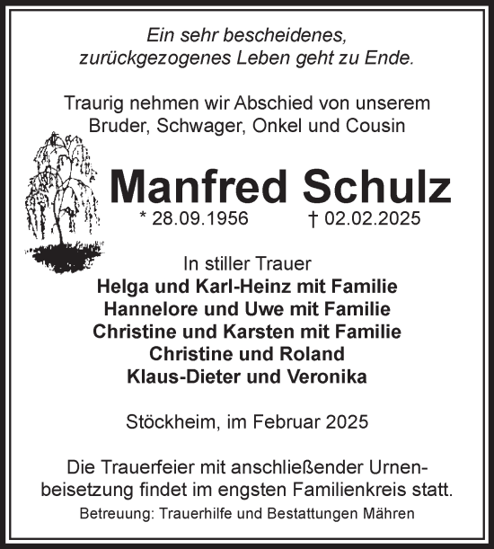 Traueranzeige von Manfred Schulz von Volksstimme Altmark West