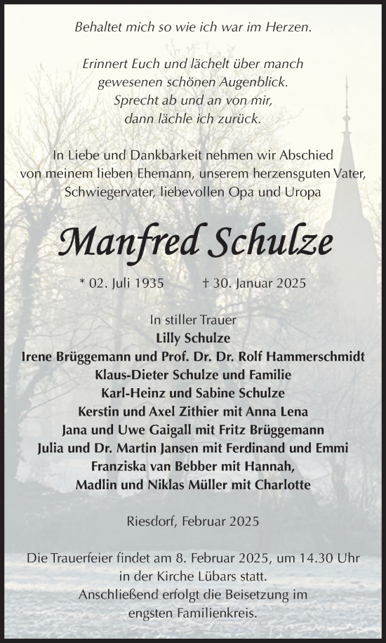 Traueranzeige von Manfred Schulze von Volksstimme Burg/Genthin