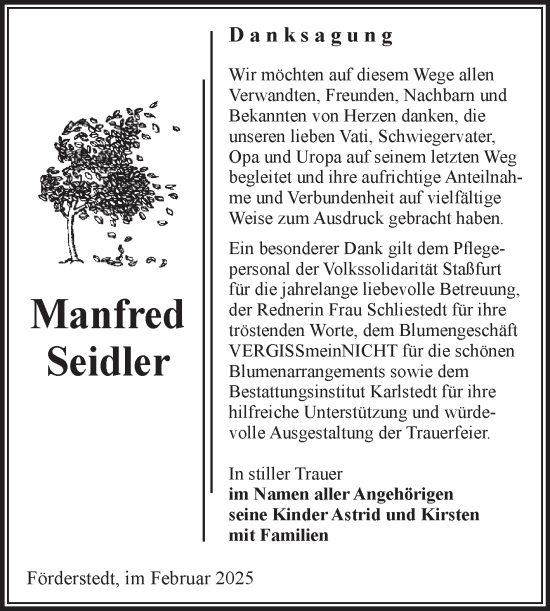Traueranzeige von Manfred Seidler von Volksstimme Staßfurt
