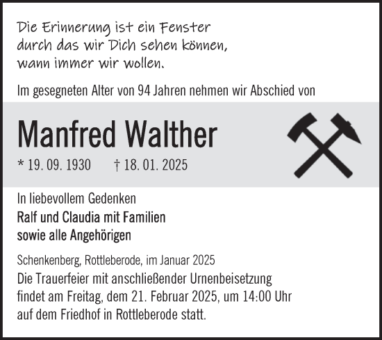 Traueranzeige von Manfred Walther von Trauerkombi Sangerhausen