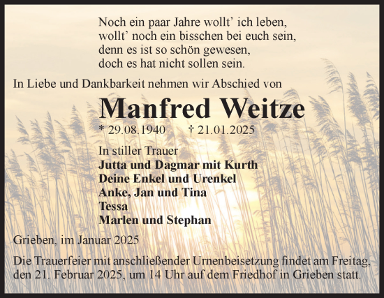 Traueranzeige von Manfred Weitze von Volksstimme Altmark Ost