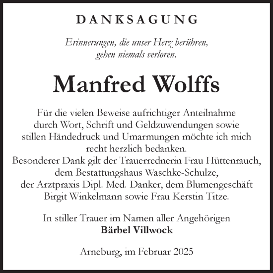 Traueranzeige von Manfred Wolffs von Volksstimme Altmark Ost