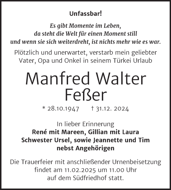 Traueranzeige von Manfred Walter Feßer von Mitteldeutsche Zeitung Halle/Saalkreis