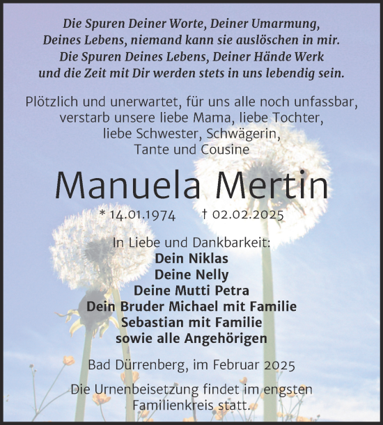 Traueranzeige von Manuela Mertin von Trauerkombi Weißenfels