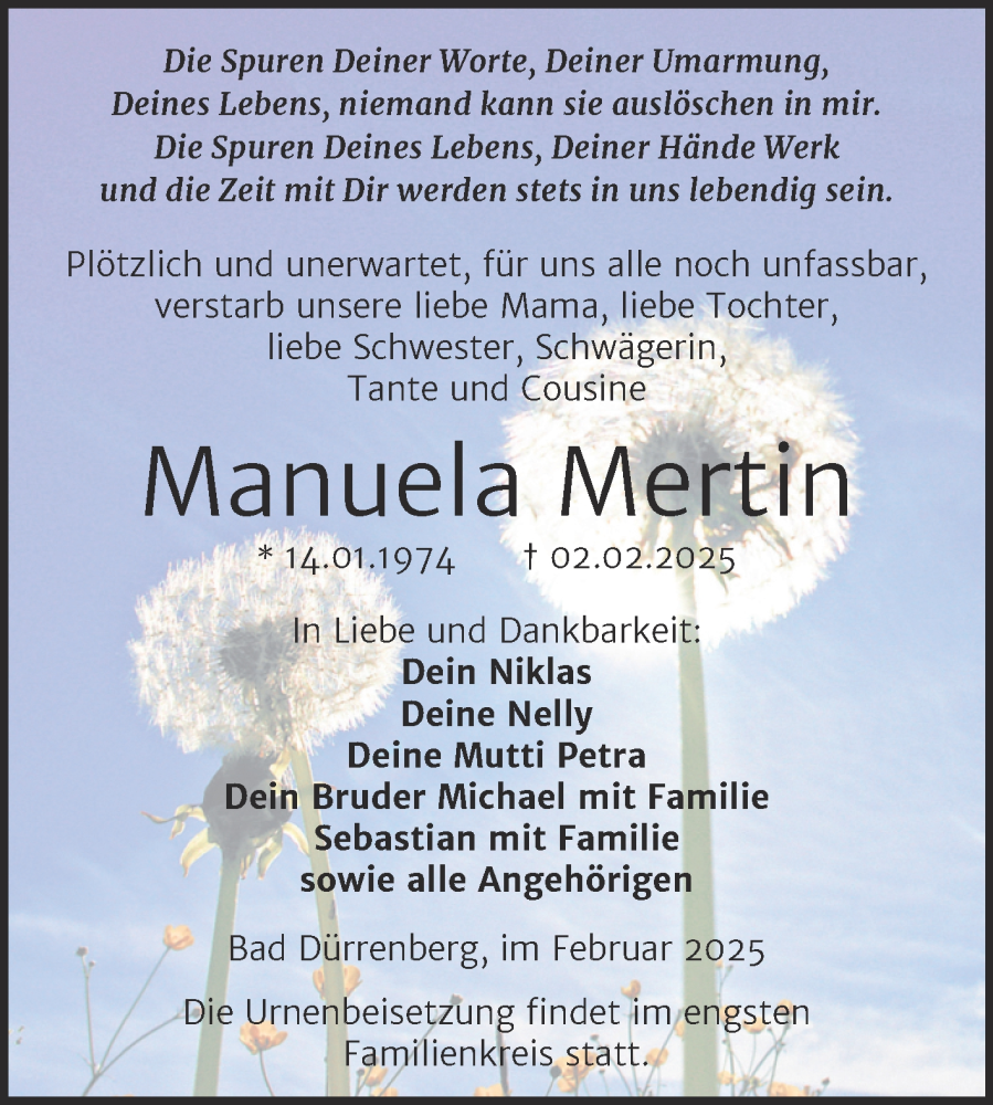  Traueranzeige für Manuela Mertin vom 15.02.2025 aus Trauerkombi Weißenfels