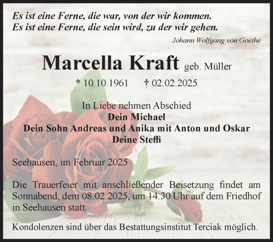 Traueranzeige von Marcella Kraft von Volksstimme Oschersleben/Wanzleben