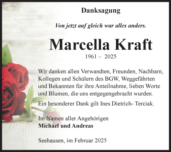 Traueranzeige von Marcella Kraft von Volksstimme Oschersleben/Wanzleben