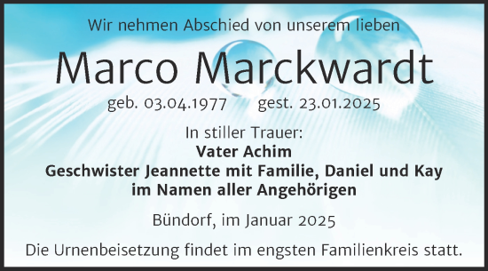 Traueranzeige von Marco Marckwardt von Trauerkombi Merseburg