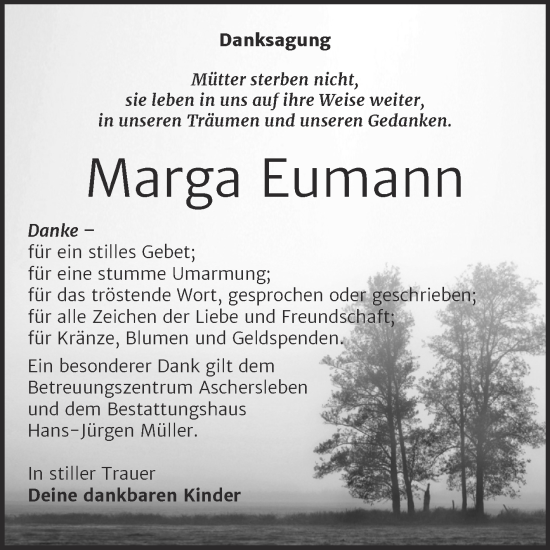 Traueranzeige von Marga Eumann von Trauerkombi Aschersleben