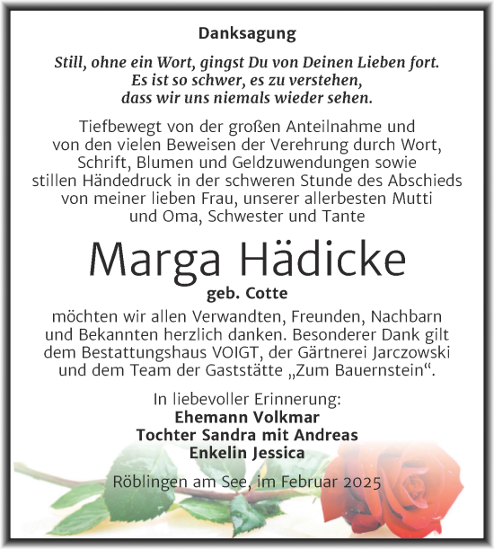 Traueranzeige von Marga Hädicke von Trauerkombi Mansfelder Land