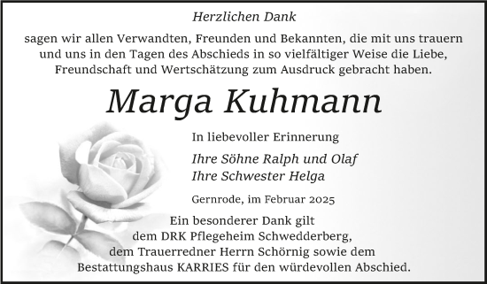 Traueranzeige von Marga Kuhmann von Trauerkombi Quedlinburg