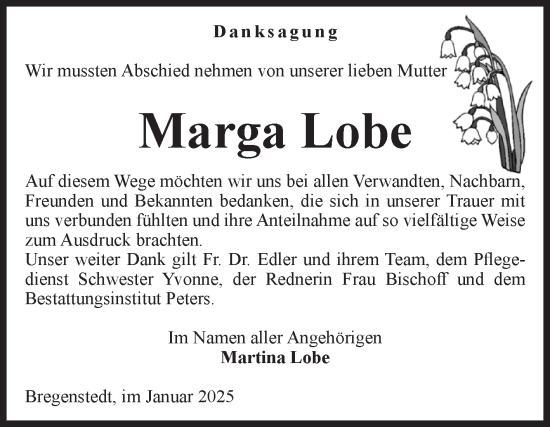 Traueranzeige von Marga Lobe von Volksstimme Haldensleben/Wolmirstedt