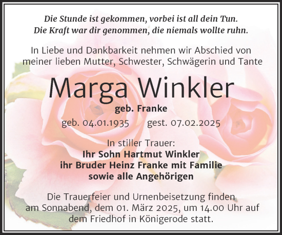 Traueranzeige von Marga Winkler von Trauerkombi Mansfelder Land