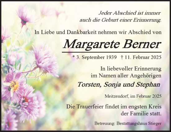 Traueranzeige von Margarete Berner von Volksstimme Haldensleben/Wolmirstedt