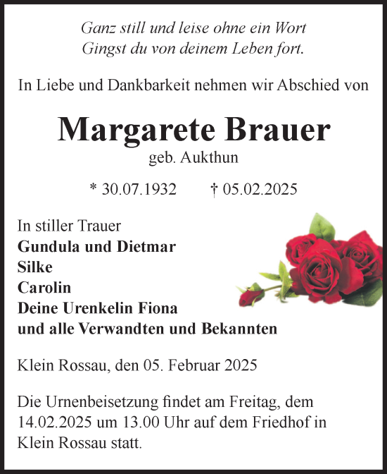 Traueranzeige von Margarete Brauer von Volksstimme Altmark Ost