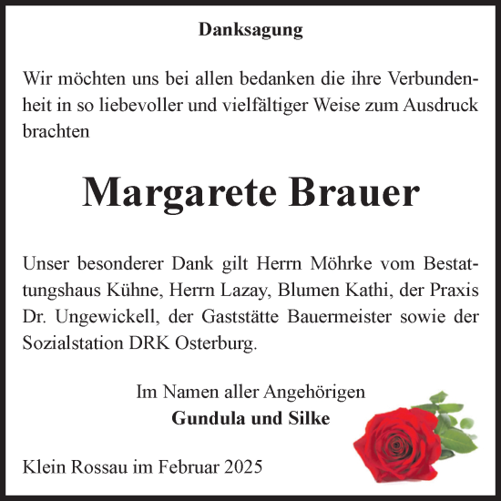 Traueranzeige von Margarete Brauer von Volksstimme Altmark Ost