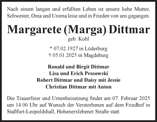 Traueranzeige von Margarete Dittmar von Volksstimme Magdeburg