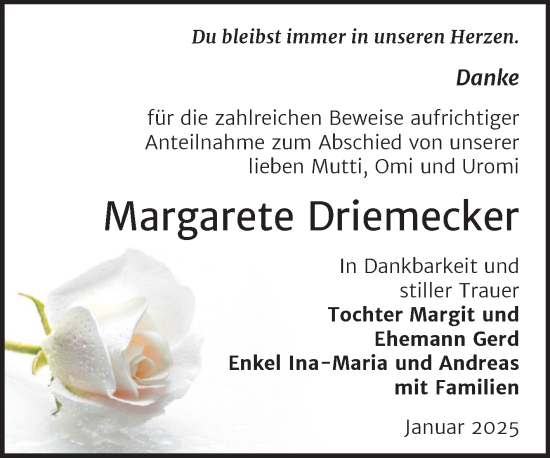 Traueranzeige von Margarete Driemecker von Trauerkombi Bernburg