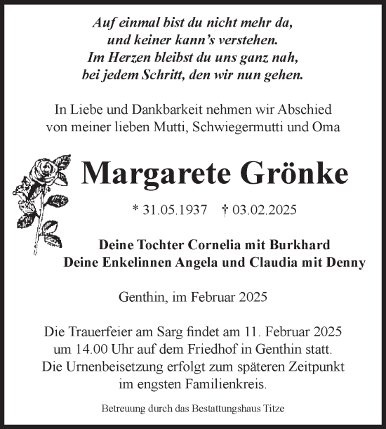 Traueranzeige von Margarete Grönke von Volksstimme Burg/Genthin