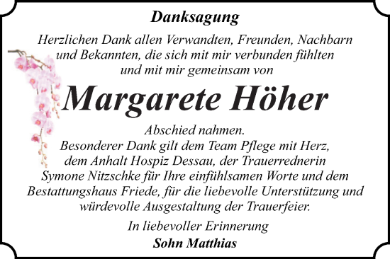 Traueranzeige von Margarete Höher von Trauerkombi Dessau